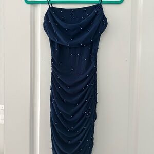 Windsor Blue Embellished Ruched Bodycon Dress